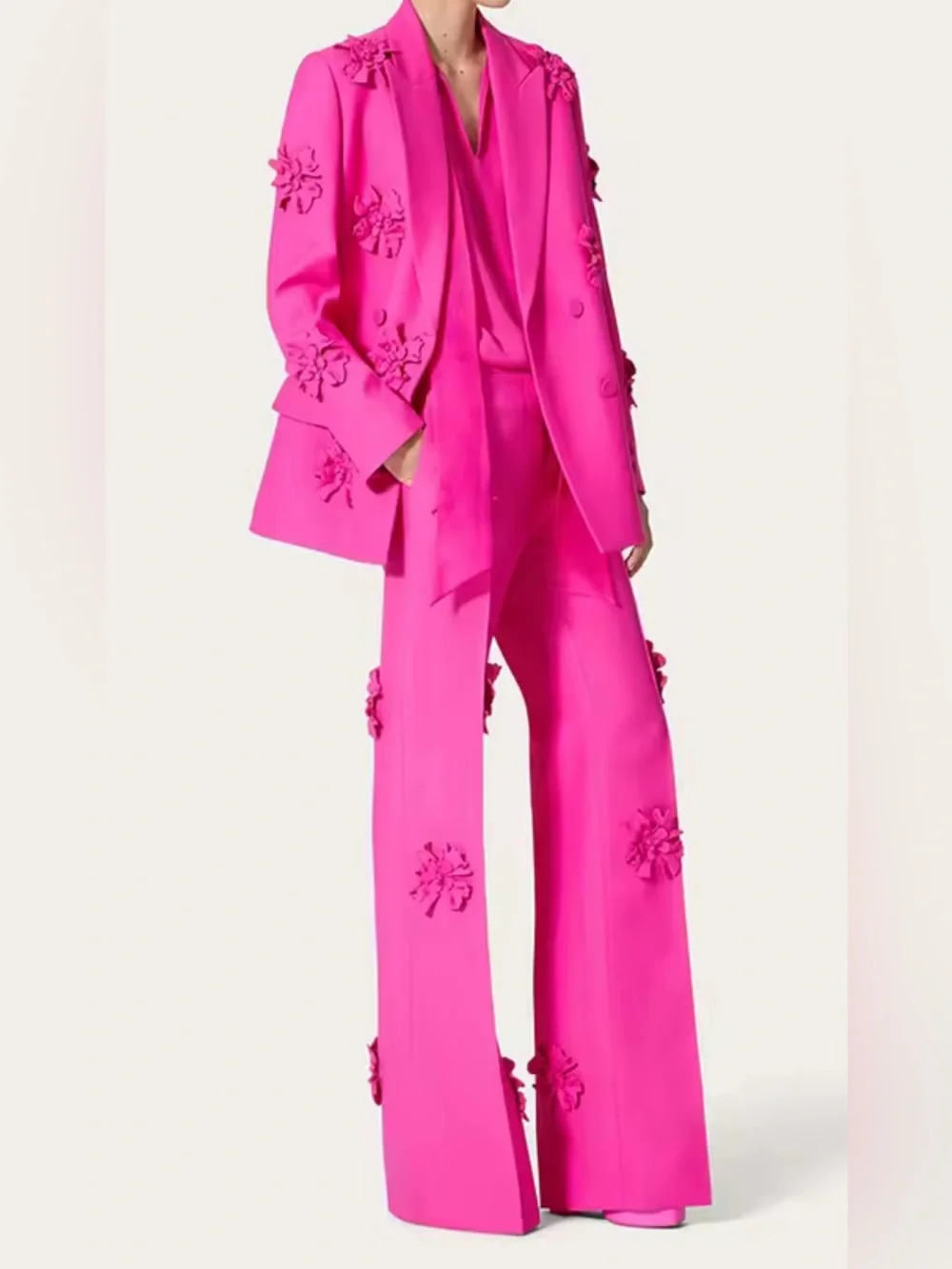 NEW $385 HIG END Mia Blanc Bright Pink Floral Double-Breasted Blazer Suit